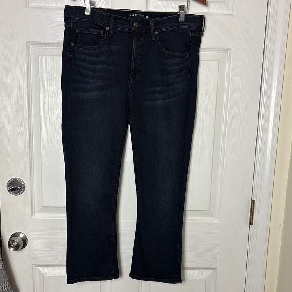 VERONICA BEARD Carly Kick Flare High Rise Cropped Dark Blue Jeans size 15 / 34